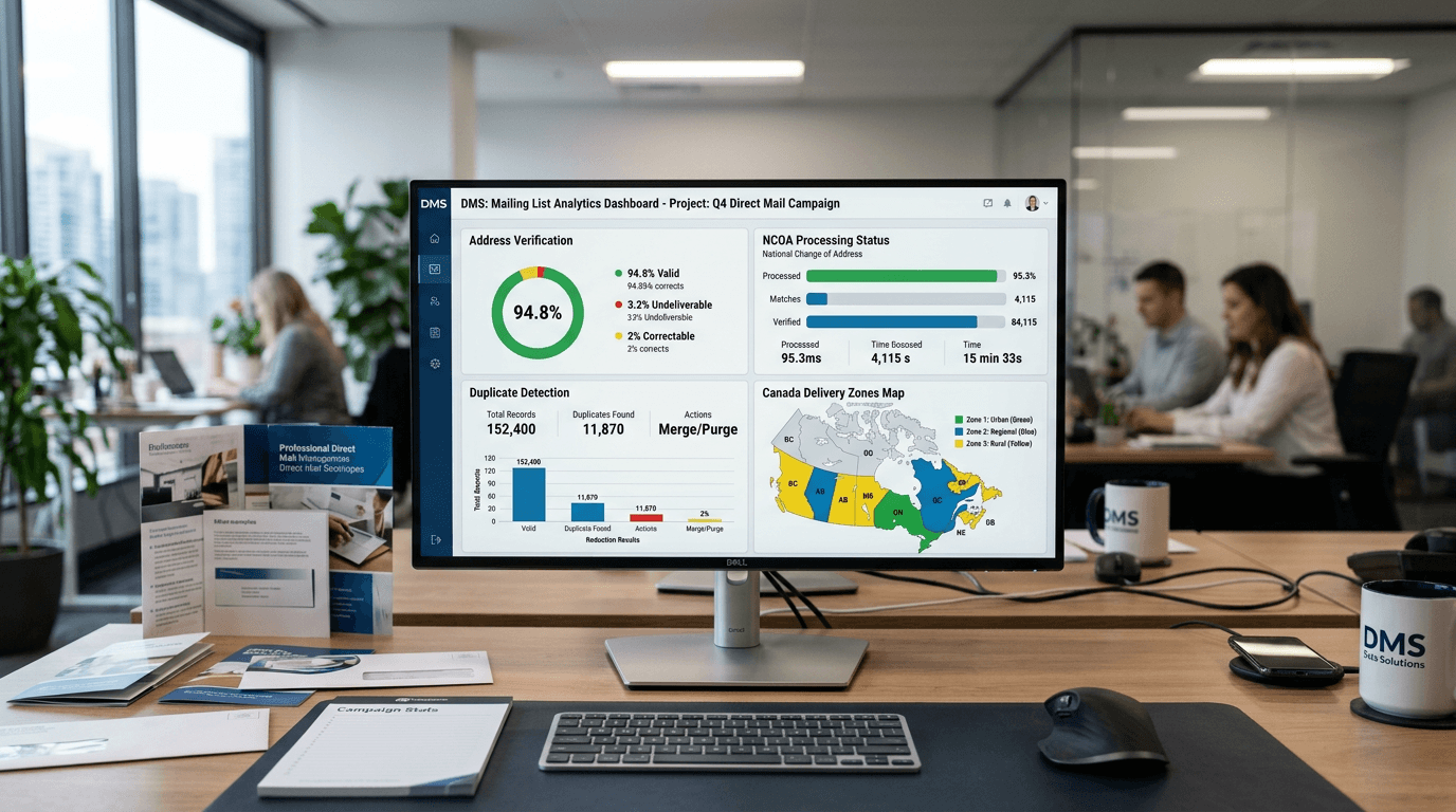 Mailing list analytics dashboard showing address verification and NCOA processing
