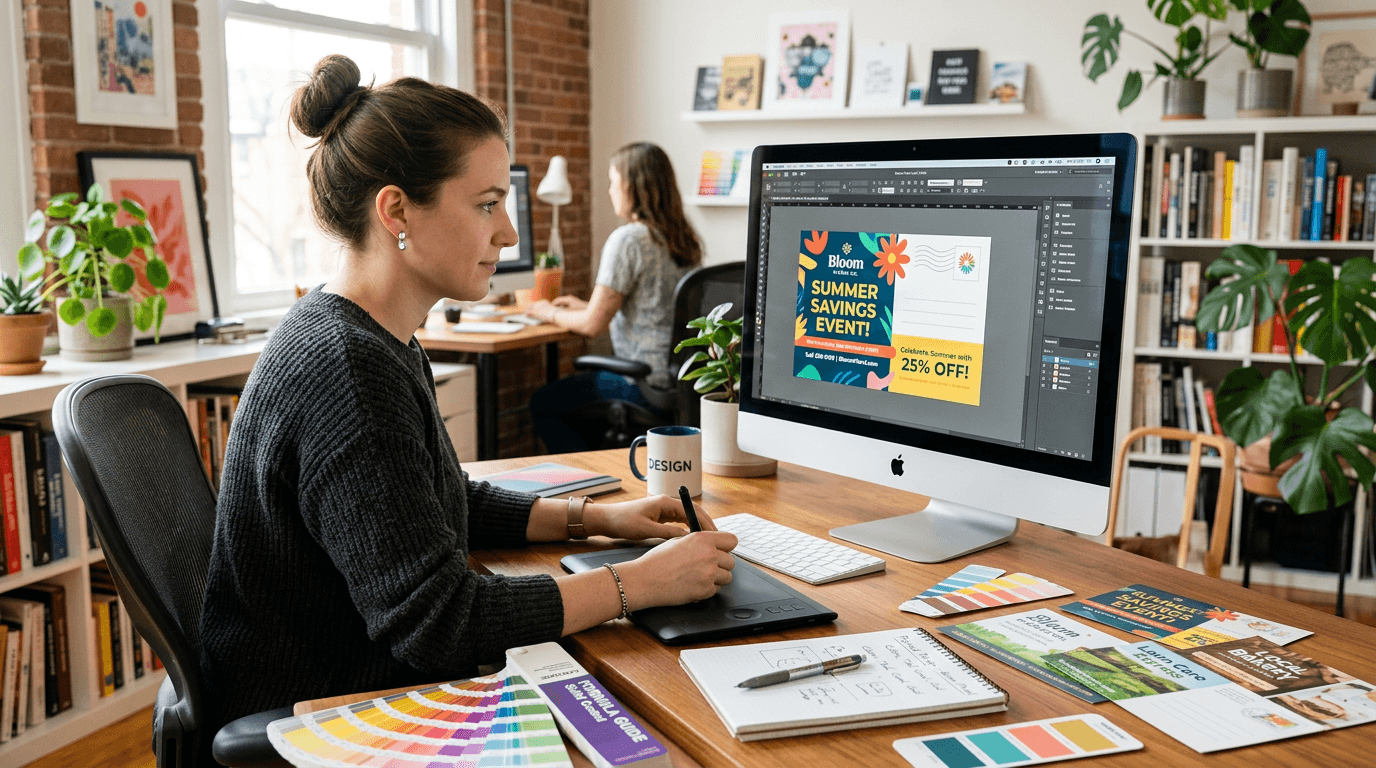 Designer creating A/B test variants for a direct mail campaign