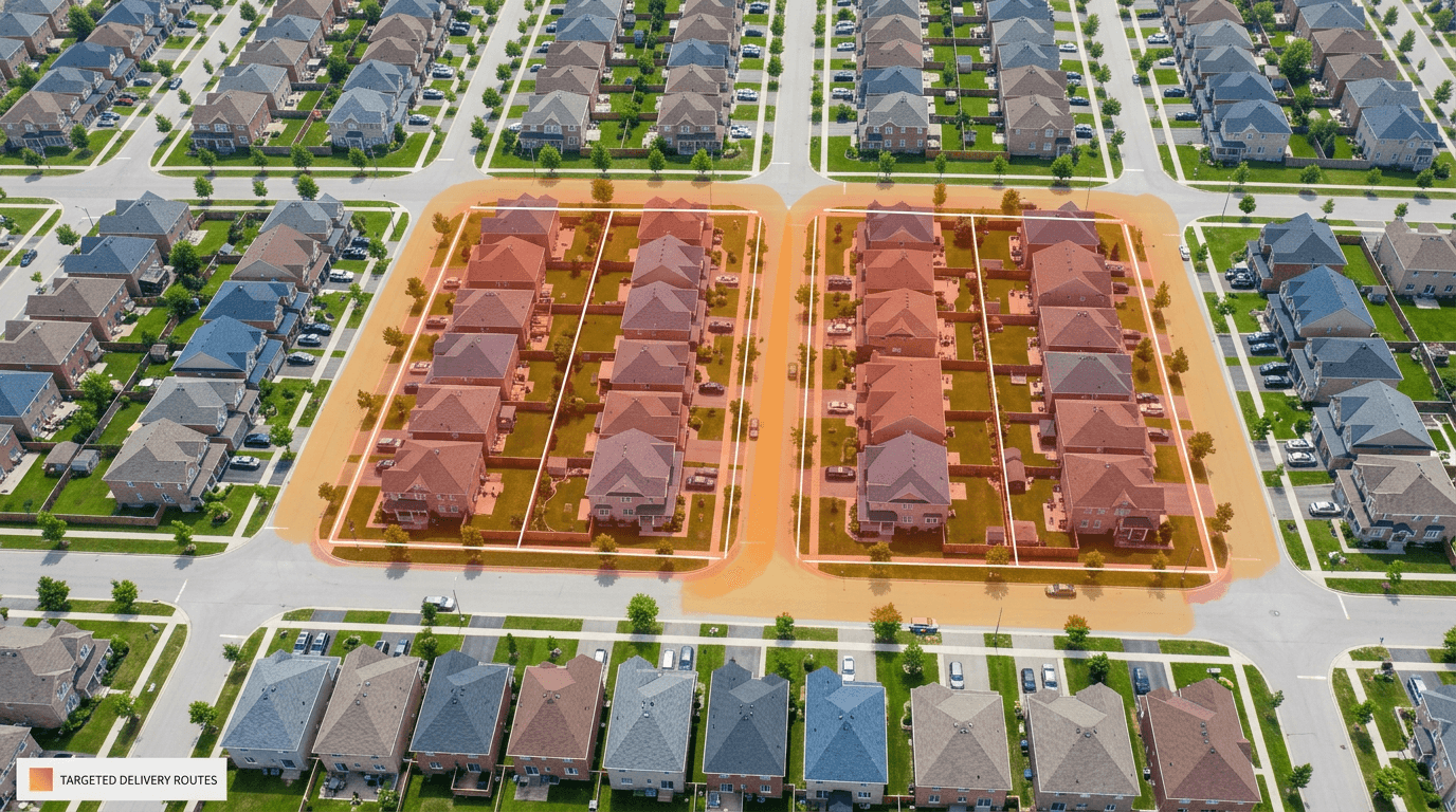 Aerial view of neighbourhood mail delivery routes across residential areas