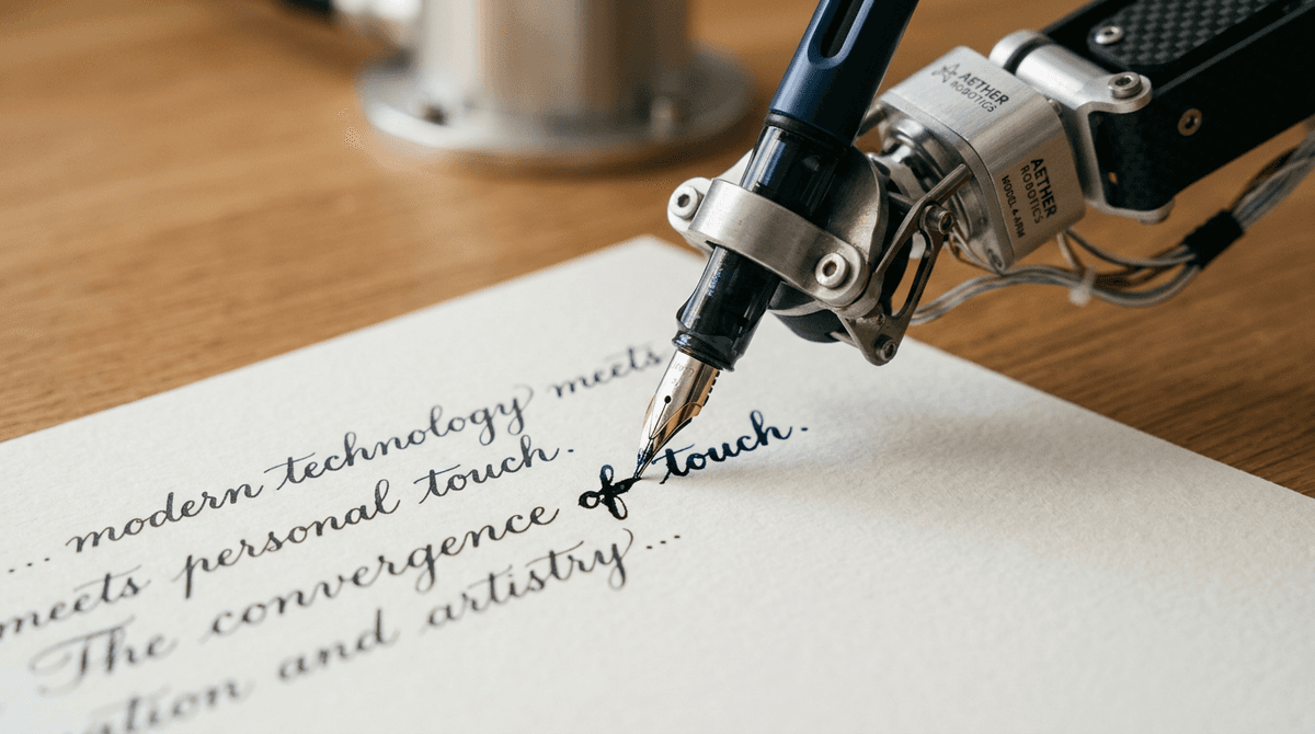 Robotic pen arm writing with real ink on paper for authentic handwritten letters