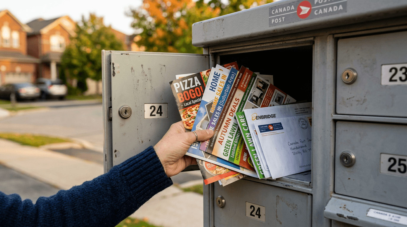 Direct mail being delivered to a Canadian mailbox