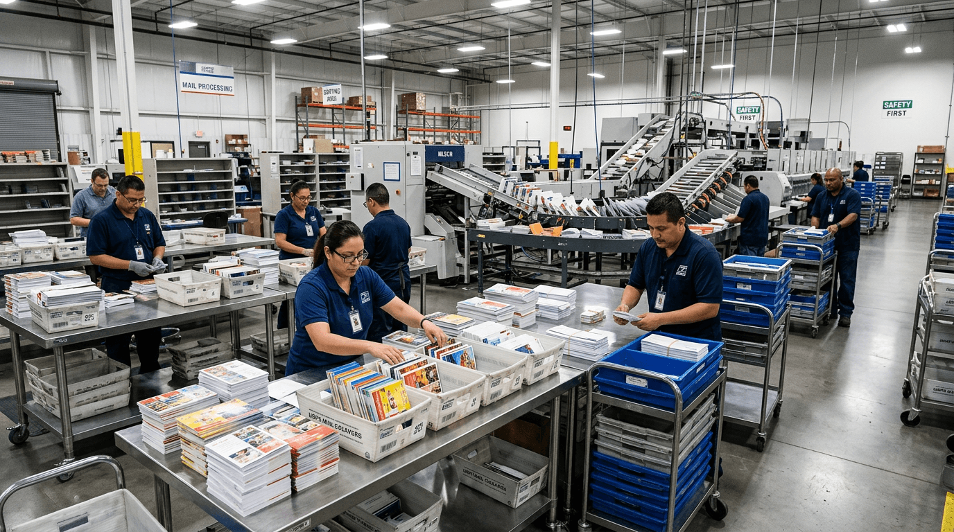 Direct mail processing facility with sorting and printing equipment
