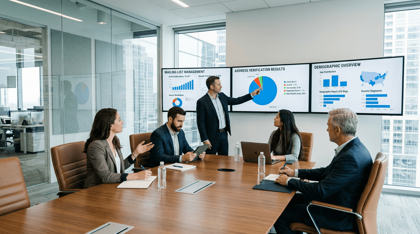 Data team reviewing mailing list quality and deliverability