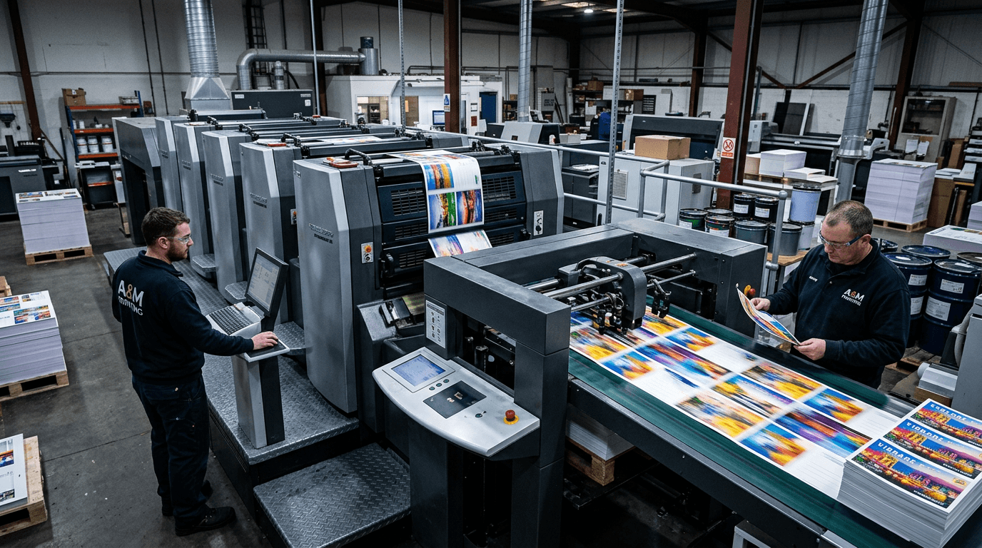 Commercial printing press producing full-color postcards